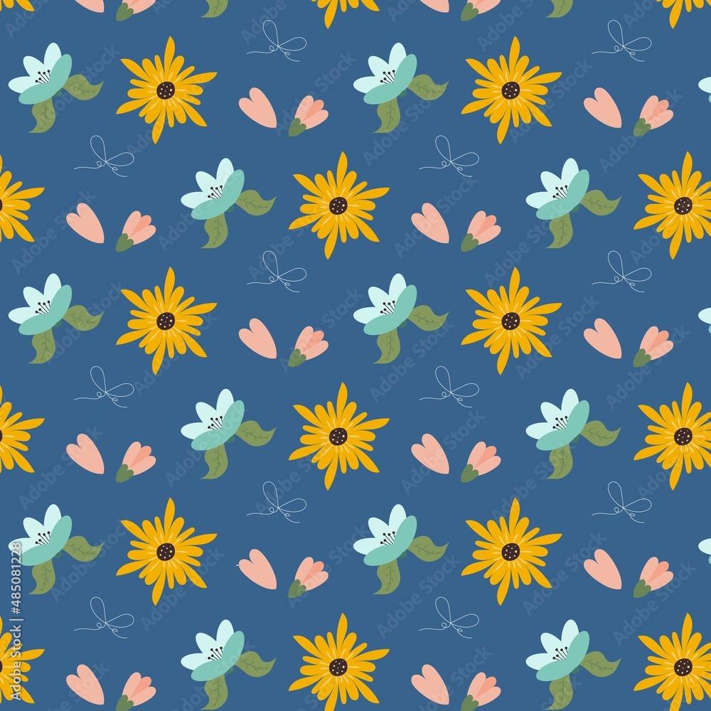 Pattern with flowers in flat style  and additional bow element