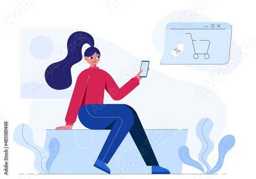 Girl with phone doing online purchases in online store. Young woman doing shopping online.  purchased products or services over the Internet. Vector illustration isolated on white