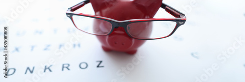 Red pig in glasses stands on ophthalmological table closeup