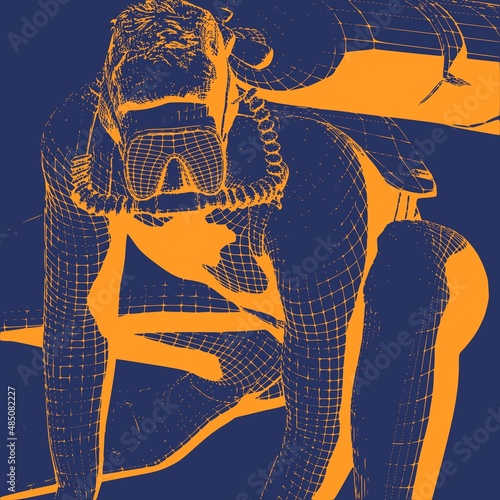 Monochrome silhouette of diver. Mesh grid texture