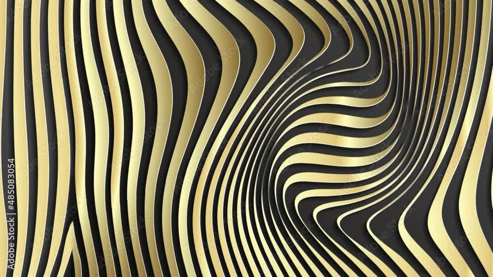 Gold abstract stripe pattern background. Optical illusion twisted lines and curves background. Abstract 3d animation. 4k seamless loop. Gold abstract stripe pattern background. Optical illusion twisted lines and curves background. Abstract 3d animation. 4k seamless loop.