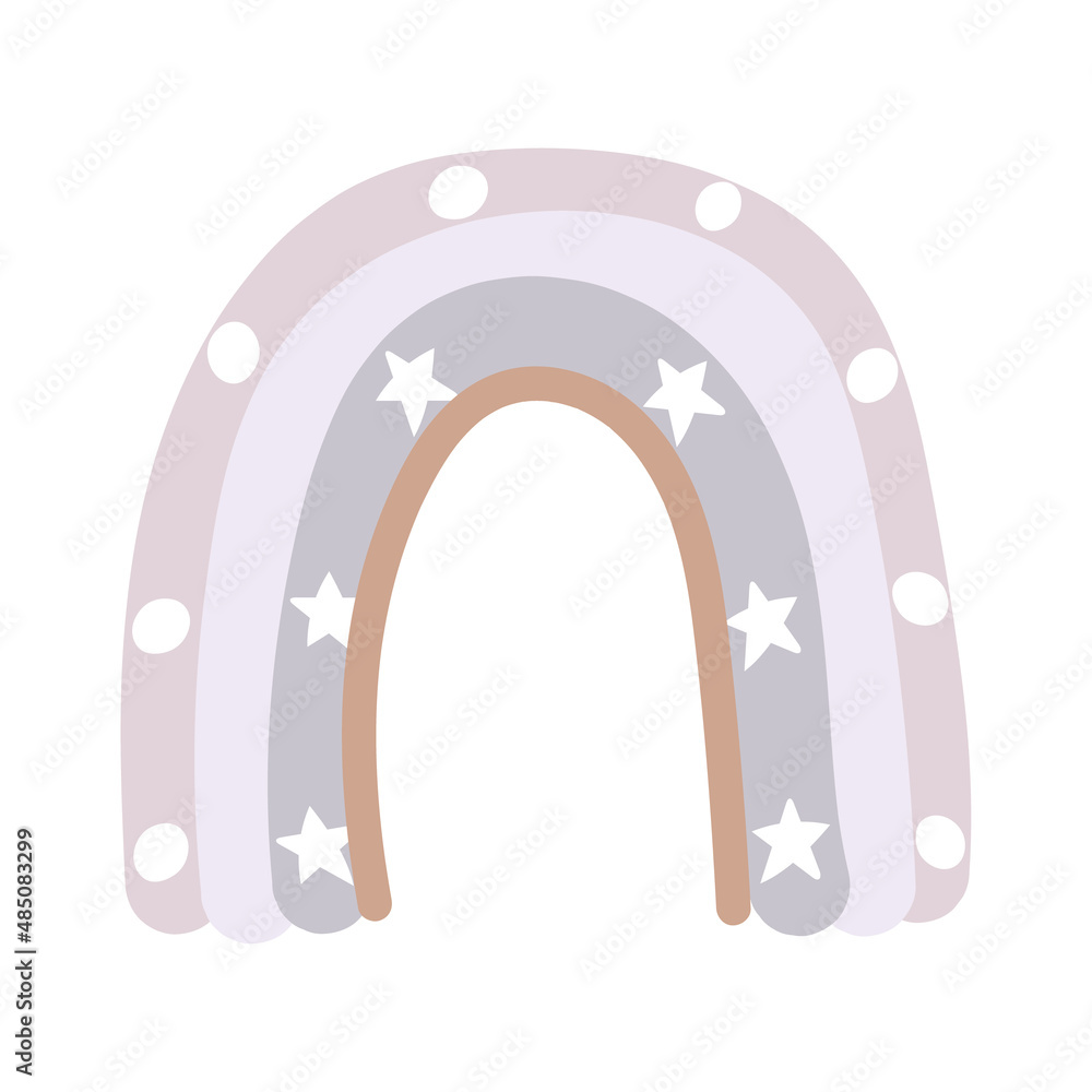 Cute rainbow in boho style with stars and dots. Drawing by hand. Childish cartoon illustration isolated on white background. Neutral color palette. Cute rainbow in boho style with stars and dots. Drawing by hand. Childish cartoon illustration isolated on white background. Neutral color palette.