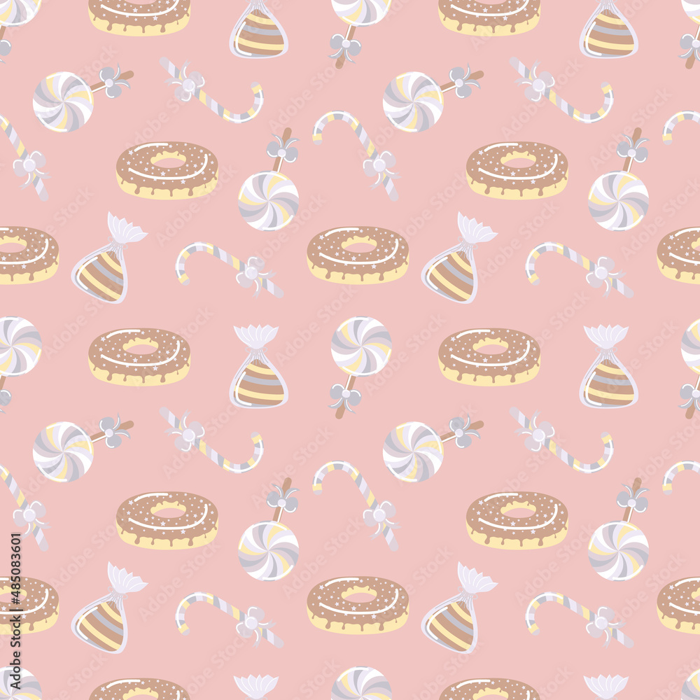Delicate pink seamless pattern with sweets. Square pattern with donuts, lollipops and candies.
