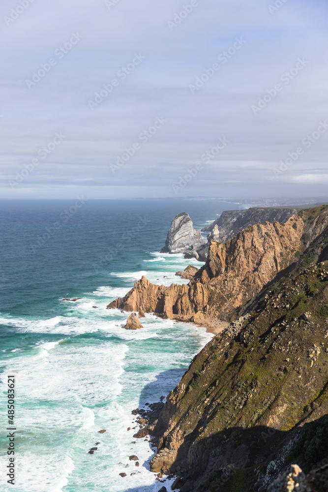 aerial view  of beautiful rocks, beach and atlantic ocean in portugal