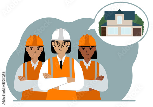A construction team is thinking about building a house. Smiling women in hard hats and vests are planning a work process.