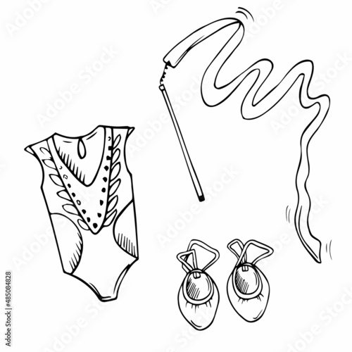 Vector doodle rhythmic gymnastics equipment set. Line art. sportwear, gymnastic clubs, halfshoes illustrations