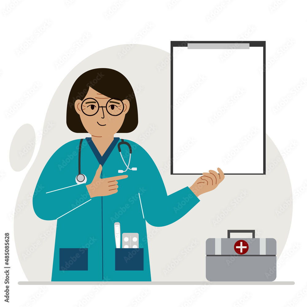 Smiling woman doctor holding a file with blank paper for text. Vector Smiling woman doctor holding a file with blank paper for text. Vector