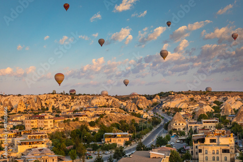Cappadocia, Turkey - September 2021 – romantic relaxing terraces in the historic Goreme town center surrounded by volcanic fiery chimneys Cappadocia