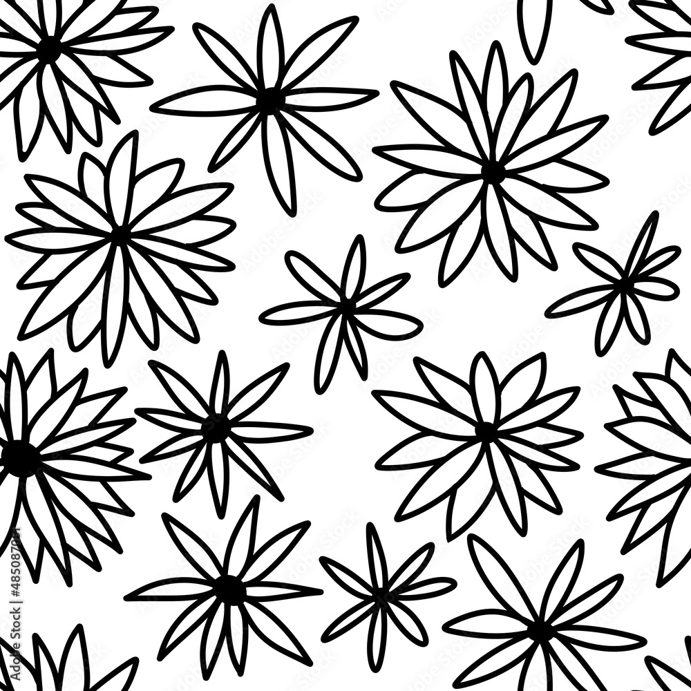 Seamless hand drawn pattern with black and white flowers floral botanical elements, leaves leaf branch blossom. Minimalist monochrome daisy rose peony plants on white background, for textile wallpaper Seamless hand drawn pattern with black and white flowers floral botanical elements, leaves leaf branch blossom. Minimalist monochrome daisy rose peony plants on white background, for textile wallpaper
