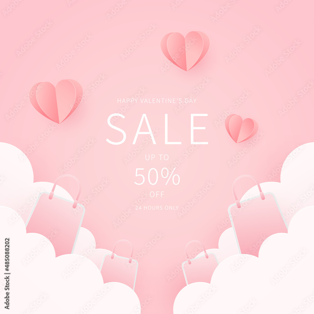 Valentine's day sale promotion banner template design. Design for advertising, background, banner, social media, poster, flyer. Vector in paper cut style.
