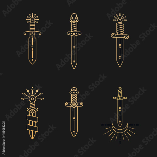 Sword line art set. Minimal linear symbols. Celestial mystic element. Vector line art illustration.