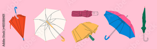 Set of different Umbrellas in various positions. Rainy collection. Open and folded  cartoon style umbrellas. Hand drawn colored flat Vector illustration. Design templates. All elements are isolated . 