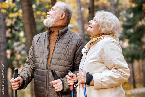 friendly gray haired caucasian aged couple enjoying health-promoting physical activity using walking poles having happy facial expression, breathing fresh air in autumn season nature, look up