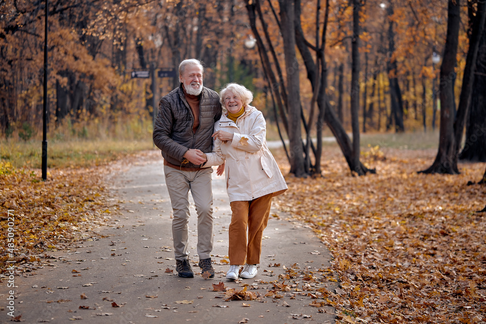 Fototapeta premium aged married caucasian couple laughing, smiling. senior citizens walking in park, having fun, excited and cheerful. togetherness, happiness, lifestyle, relationships, human emotions concept