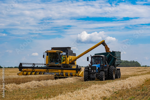 Process of gathering ripe crop from the fields. Special technic in field. Modern machinery in gold wheat. Cereal or wheat gathering. Heavy machinery