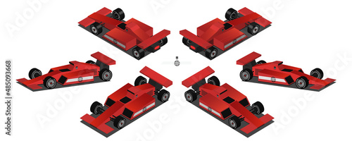 3d set of red low poly sports fast cars in six projections. Vehicle of the system Formula for high-speed circuit racing