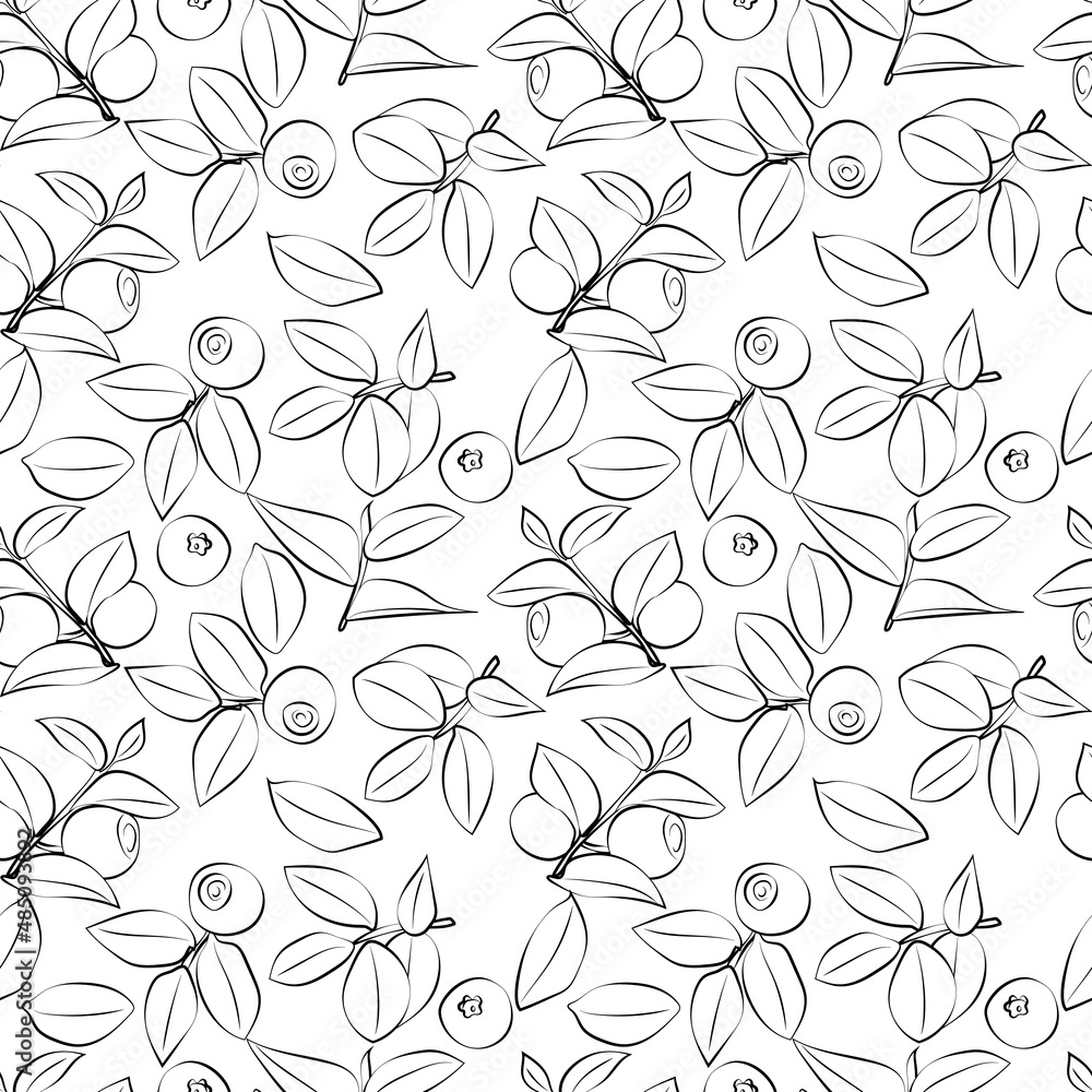 Set of seamless pattern with leaves and blueberries. Line drawing. Lines have different widths. Black-white. Set of seamless pattern with leaves and blueberries. Line drawing. Lines have different widths. Black-white.