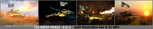 Saint Lucia army concept - 4 high resolution illustrations of tank with design that not exists with Saint Lucia flag and free place for your text, military 3D Illustration