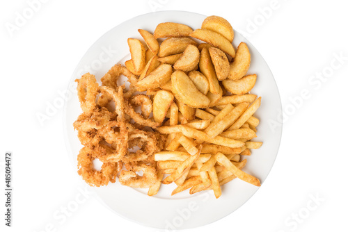 Plate of fried seafood and chips isolated on white background
