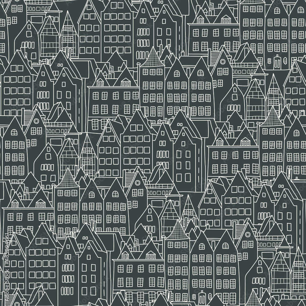 Seamless pattern with building facades of an old European city 