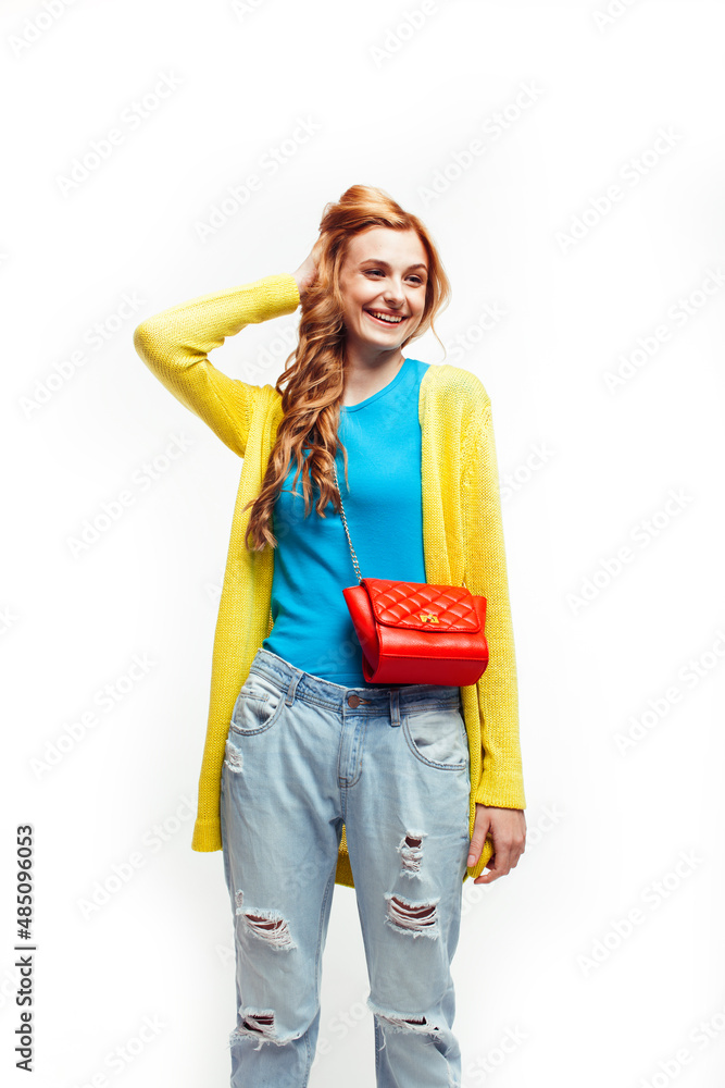young pretty red hair woman happy smiling isolated on white background, lifestyle people concept young pretty red hair woman happy smiling isolated on white background, lifestyle people concept
