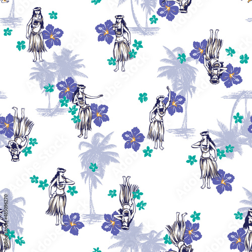 Seamless pattern of female dancing beautiful hula,