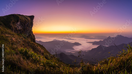 Panorama view in the morning during twilight time at Phu Chi Fa, Wiang Kaen, Chiang Rai, Thailand