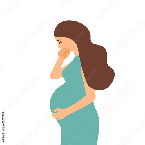 Pregnant woman suffering from morning sickness in flat design on white background.