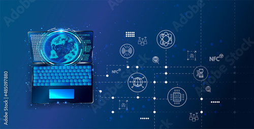 Vector. Planet Earth from space. Flickering lights of cities. Map of the mainland. Global communications system and the World Wide Web. Technologies and communications. Globalization. Luminous sphere.