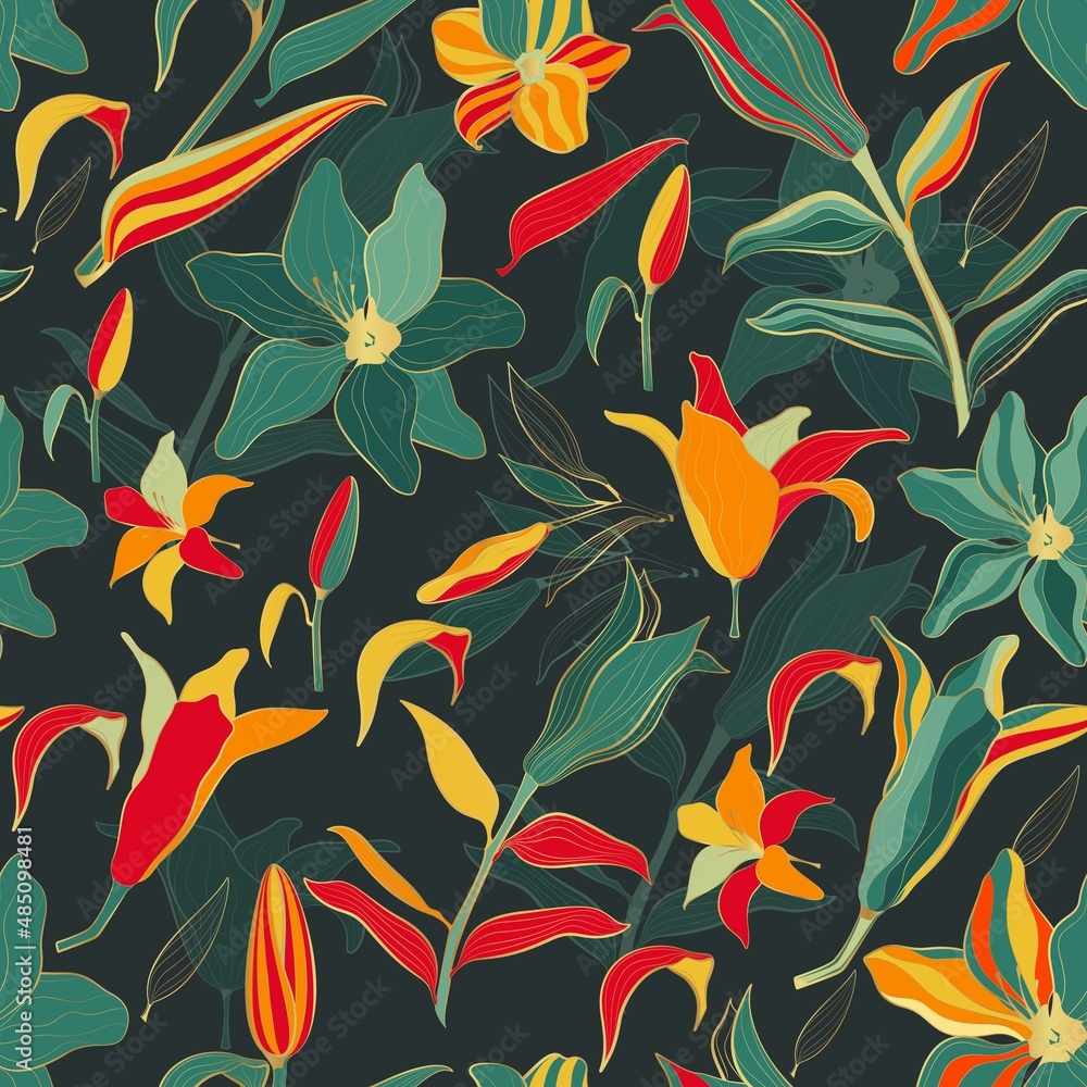 Seamless vector pattern with plants and flowers in retro style.Golden lily flowers.	