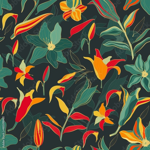 Seamless vector pattern with plants and flowers in retro style.Golden lily flowers. 