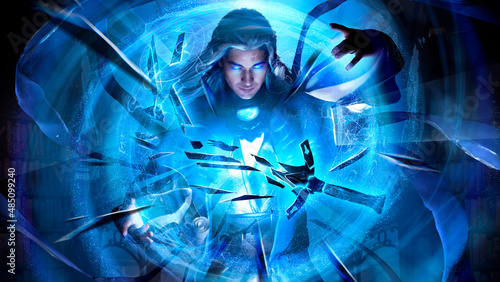 A handsome, long-haired young wizard with sky-blue glowing eyes in a long robe splits the sword into many sharp fragments with blue spiral magic, creating streams of energy with his hands 3d rendering