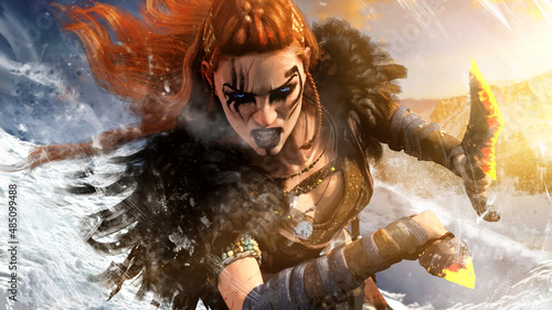 Canvastavla A fierce and beautiful barbarian woman is rapidly running into battle with two magical fire knives in the snow