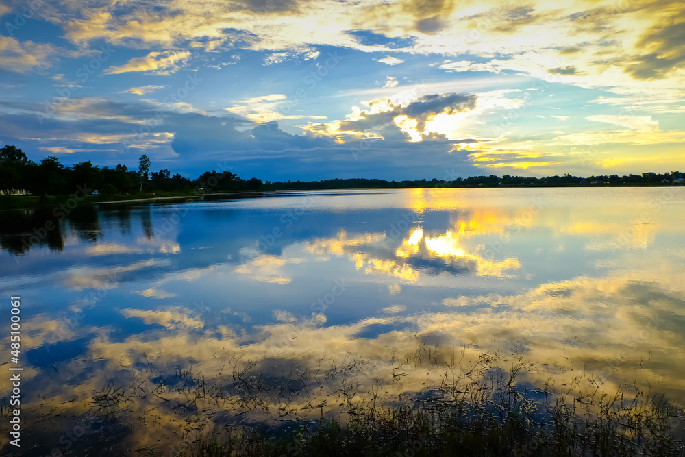 Fototapeta premium Gloomy vivid cyan landscape in environment day horizon skyline view spring wind.