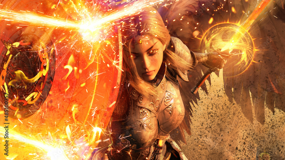 Naklejka premium A beautiful angel girl with a perfect appearance reflects magical arrows with a magical red-hot shield, she sits onknee crushing the earth into dust from tension with a fiery sword ready. 3d rendering