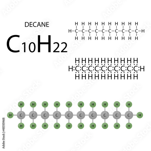 Decane, organic chemical compound, molecule. Stick model, structural formula, electronic formula and infographic