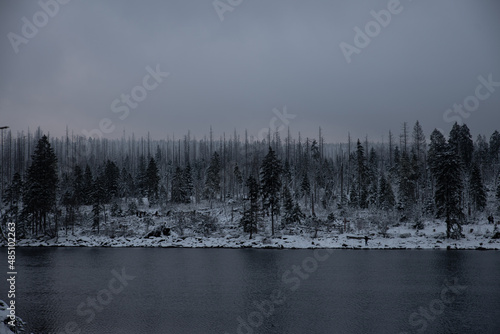 Twilight on a freezing lake in a snowy environment in winter