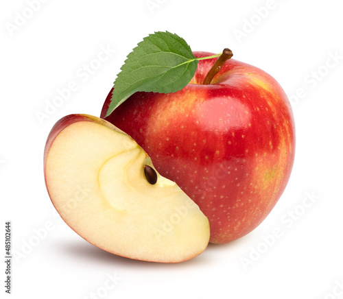 Red apple with leaves and slices isolated on white background.