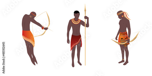 Three African men, archers and a warrior with a spear, vector illustration. Collection of contemporary art, trendy style,