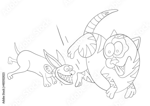 The dog runs after the cat. Wants to bite. Rabid dog isolated on white background. Vector illustration
