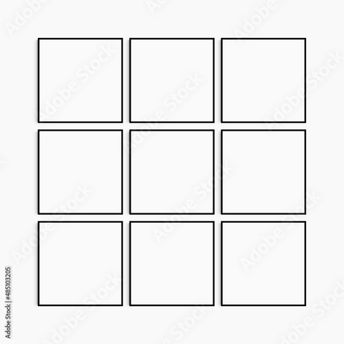 Frame mockup 1:1 square. Set of nine thin black square frames. Clean, modern, minimalist, bright gallery wall mockup, set of 9 frames.