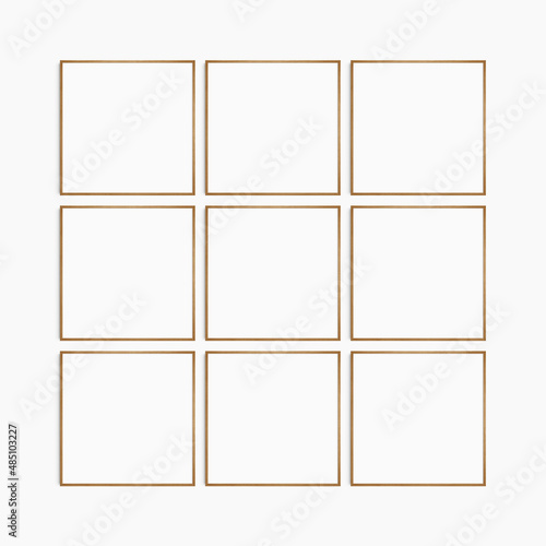 Frame mockup 1:1 square. Set of nine thin cherry wood frames. Clean, modern, minimalist, bright gallery wall mockup, set of 9 square frames.