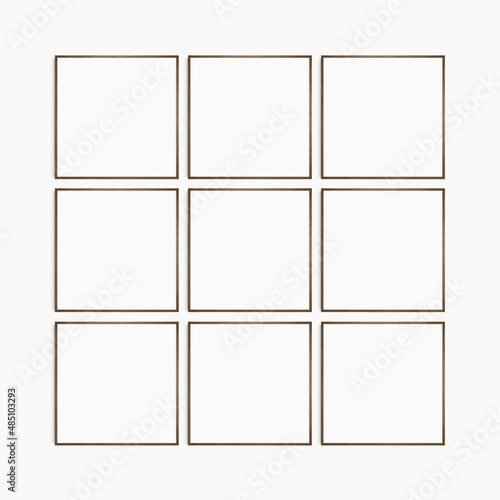 Frame mockup 1:1 square. Set of nine thin dark walnut wood frames. Clean, modern, minimalist, bright gallery wall mockup, set of 9 square frames.