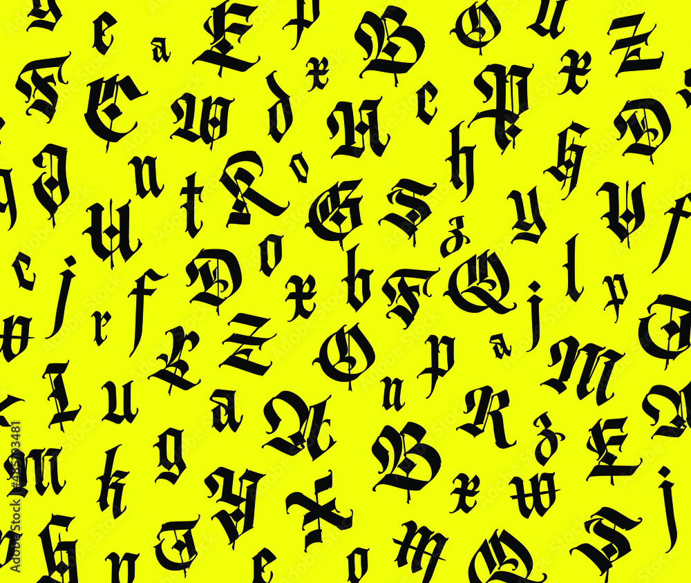 Gothic font, composition. Vector. Medieval Latin letters. Random letters in random order. Black letters isolated on yellow background. Design for fabric and packaging.