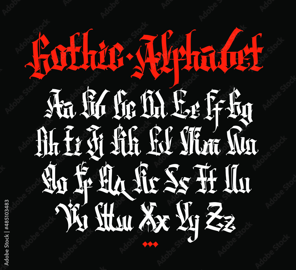 Obraz premium Gothic, English alphabet. Vector. Medieval Latin letters. Uppercase and lowercase letters. Signs and symbols for tattoos. Ancient European style. Calligraphy and lettering. Complete alphabet.