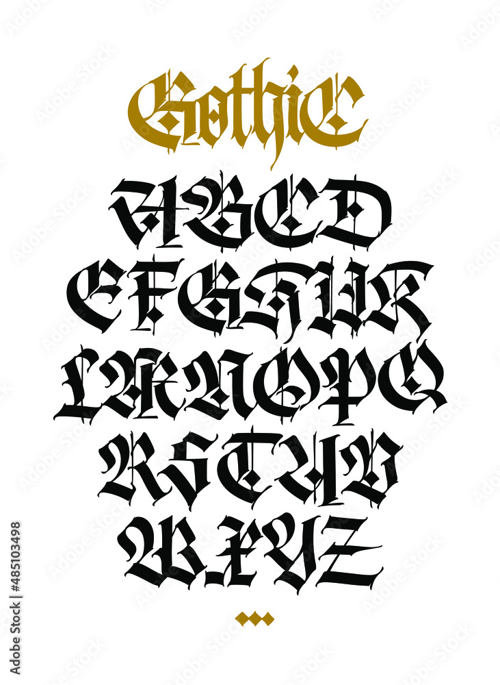 Gothic. Vector. Capital letters on a white background. Stylish calligraphy. Elegant european font for design. Medieval modern style. Font for fabric, packaging and streetwear. Gothic. Vector. Capital letters on a white background. Stylish calligraphy. Elegant european font for design. Medieval modern style. Font for fabric, packaging and streetwear.