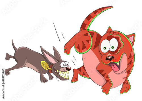The dog runs after the cat. Wants to bite. Rabid dog isolated on white background. Vector illustration