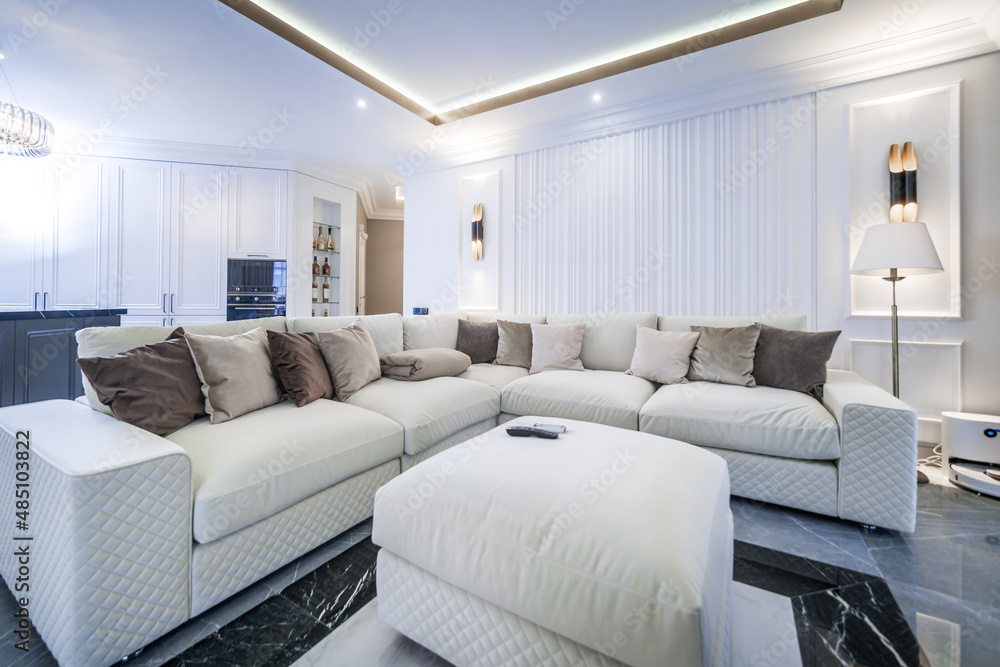living room in a light minimalist design. White sofa with white and brown pillows. living room in a light minimalist design. White sofa with white and brown pillows.