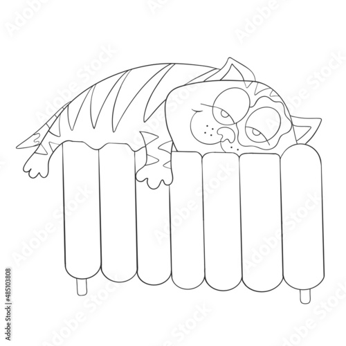 Happy cat is sleeping on battery isolated on white background. Relaxation. Day dream. Vector illustration