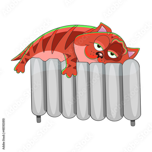 Happy cat is sleeping on battery isolated on white background. Relaxation. Day dream. Vector illustration